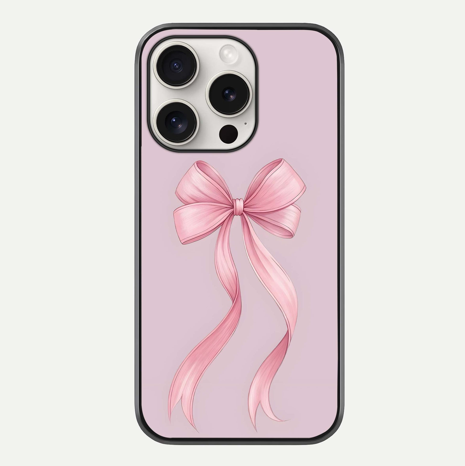 Soft Blush Bow iPhone 15 Pro Max glass phone case front view showcasing soft blush tones with elegant bow design