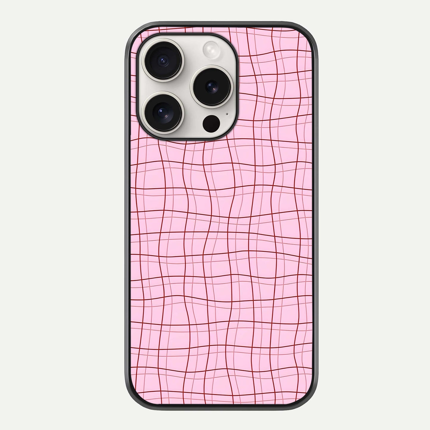 Soft Grid Bliss iPhone 15 Pro Max glass phone case front view showcasing minimal grid pattern with soft aesthetic