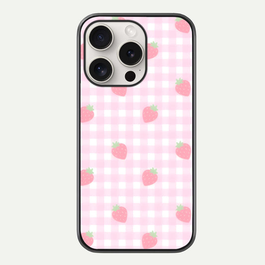 Strawberry Picnic Love iPhone 15 Pro Max glass phone case front view featuring cute strawberry picnic artwork with romantic vibe