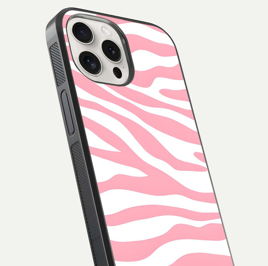Blush Zebra Flow iPhone 15 Pro Max glass phone case angled back view highlighting bold zebra artwork and textured side grip