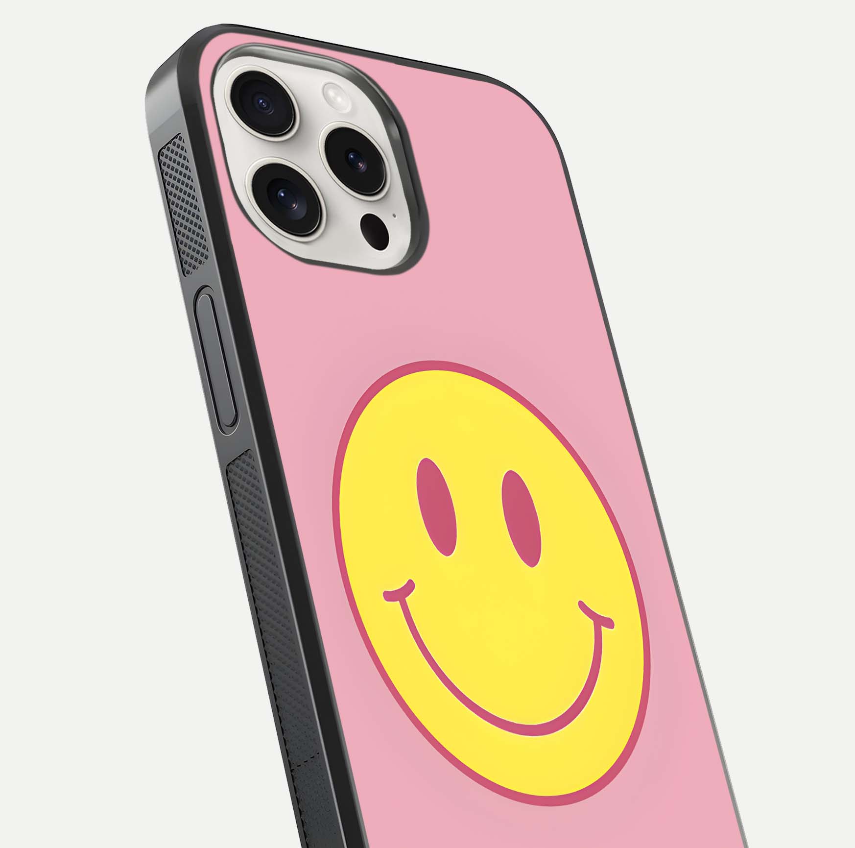 Happy Pink Mood iPhone 15 Pro Max glass phone case angled back view highlighting bright pink artwork and side grip texture