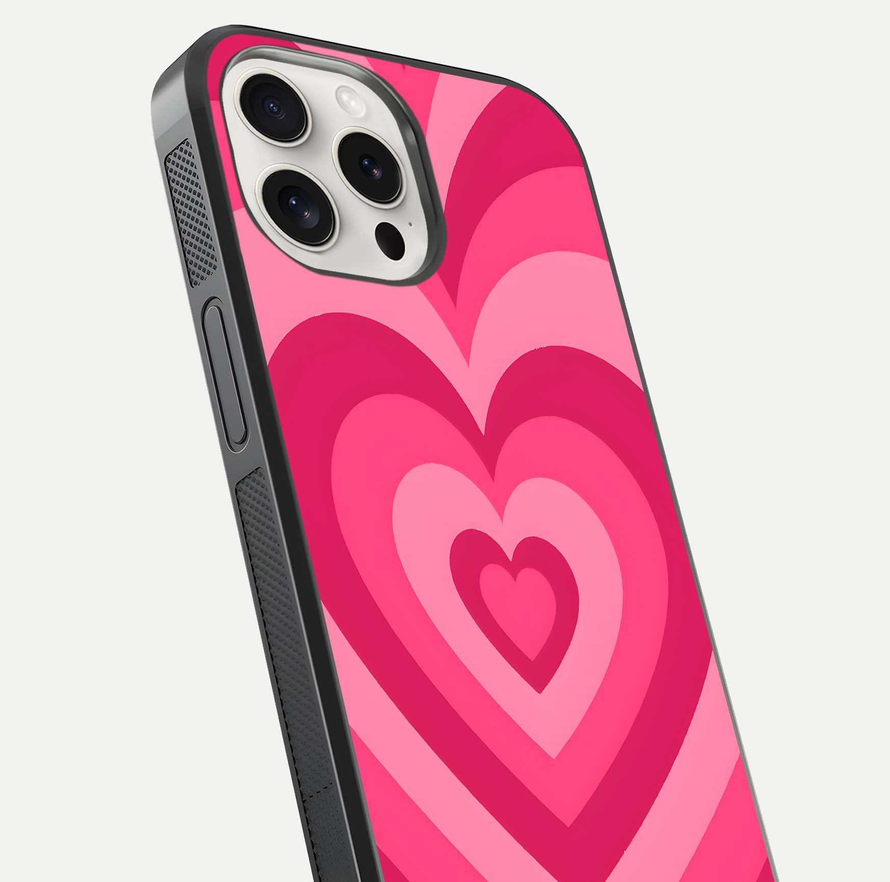 Layered Love Hearts iPhone 15 Pro Max glass phone case angled back view highlighting heart artwork and textured grip edges