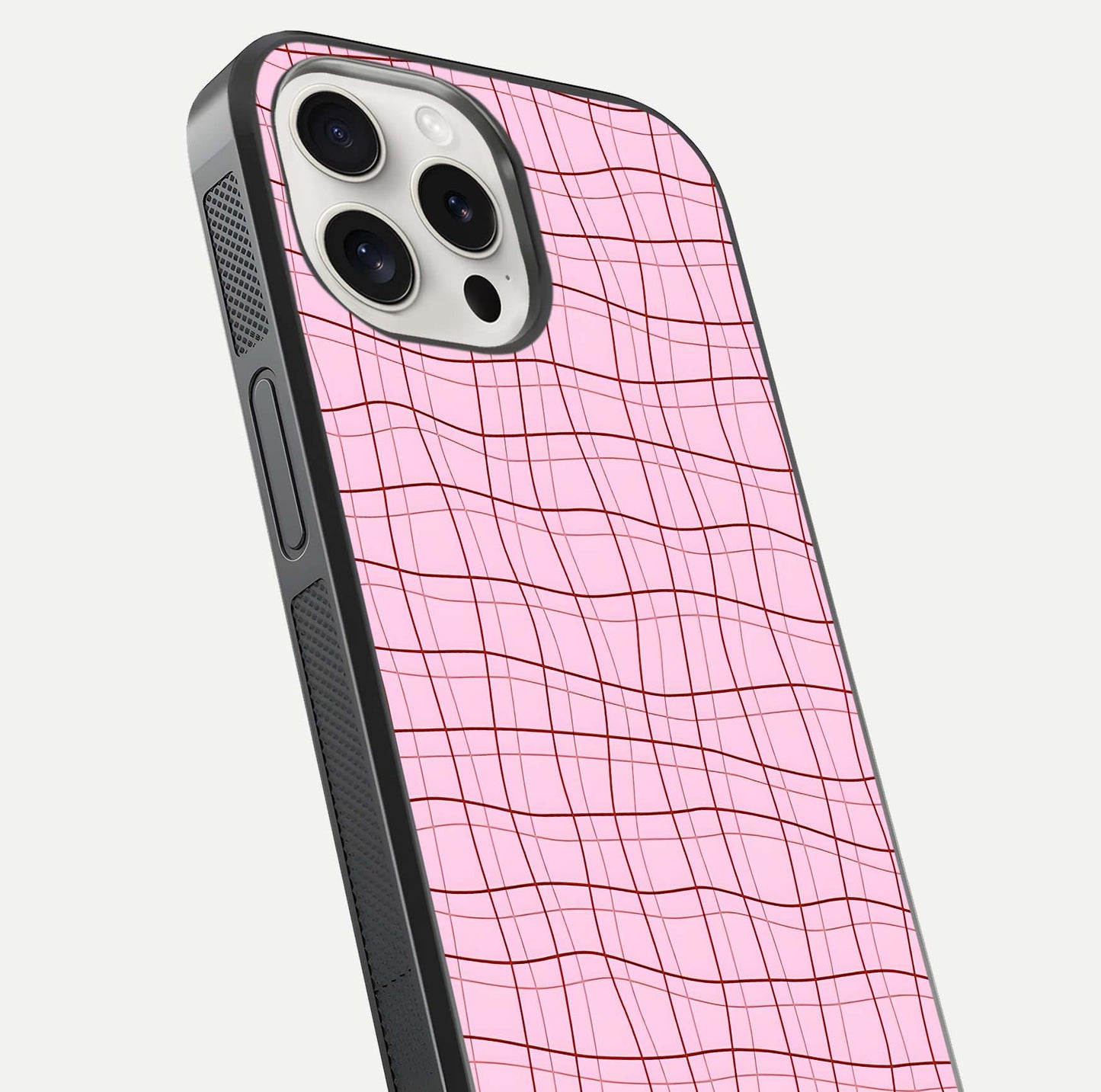 Soft Grid Bliss iPhone 15 Pro Max glass phone case angled back view highlighting grid artwork and side grip texture