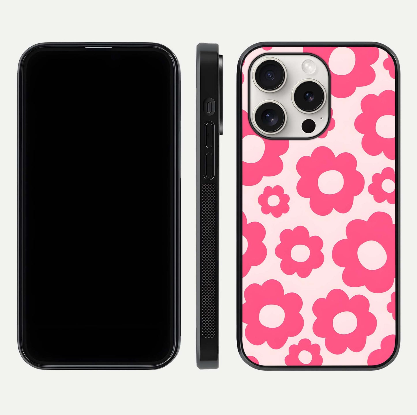 Blush Flower Pop iPhone 15 Pro Max glass phone case front and side layout view showing slim profile and full floral coverage