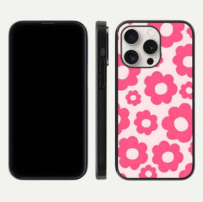 Blush Flower Pop iPhone 15 Pro Max glass phone case front and side layout view showing slim profile and full floral coverage
