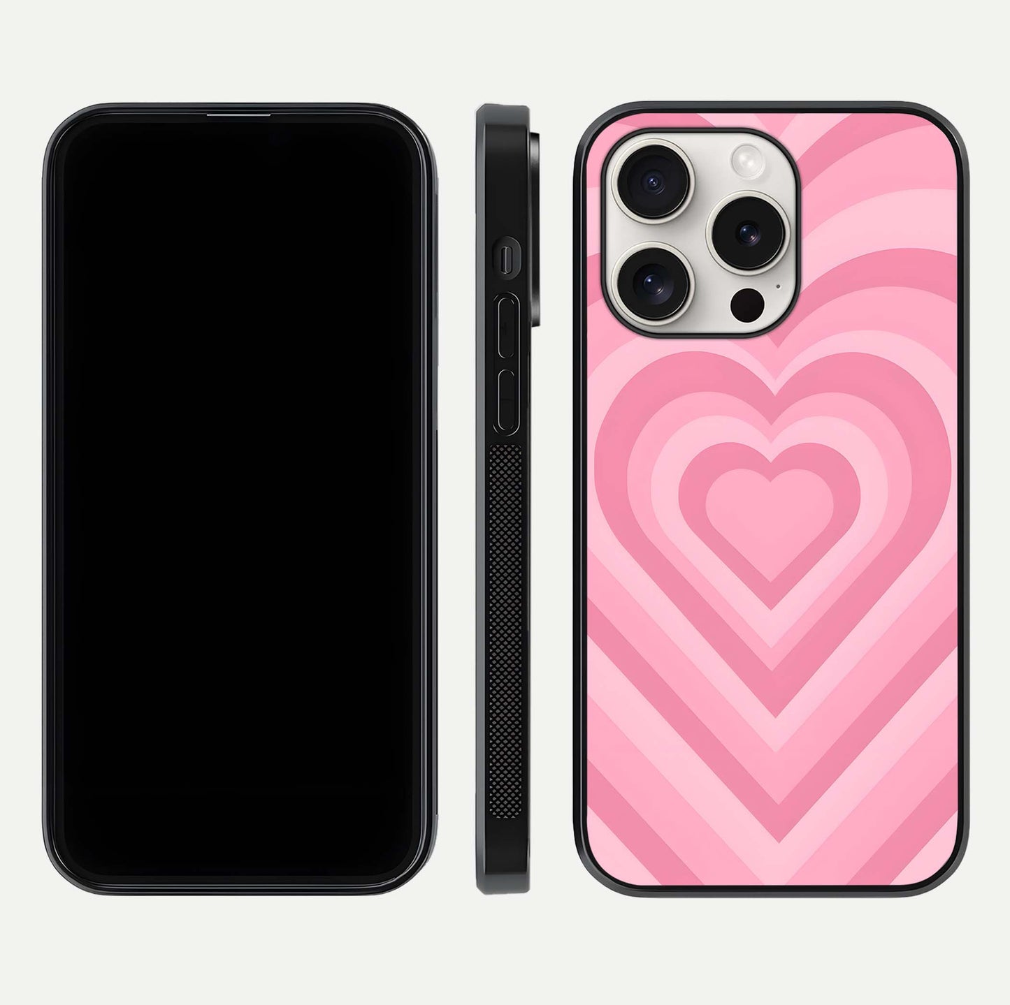 Blush Heart Waves iPhone 15 Pro Max glass phone case front and side layout view displaying slim frame and full heart pattern