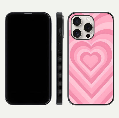 Blush Heart Waves iPhone 15 Pro Max glass phone case front and side layout view displaying slim frame and full heart pattern