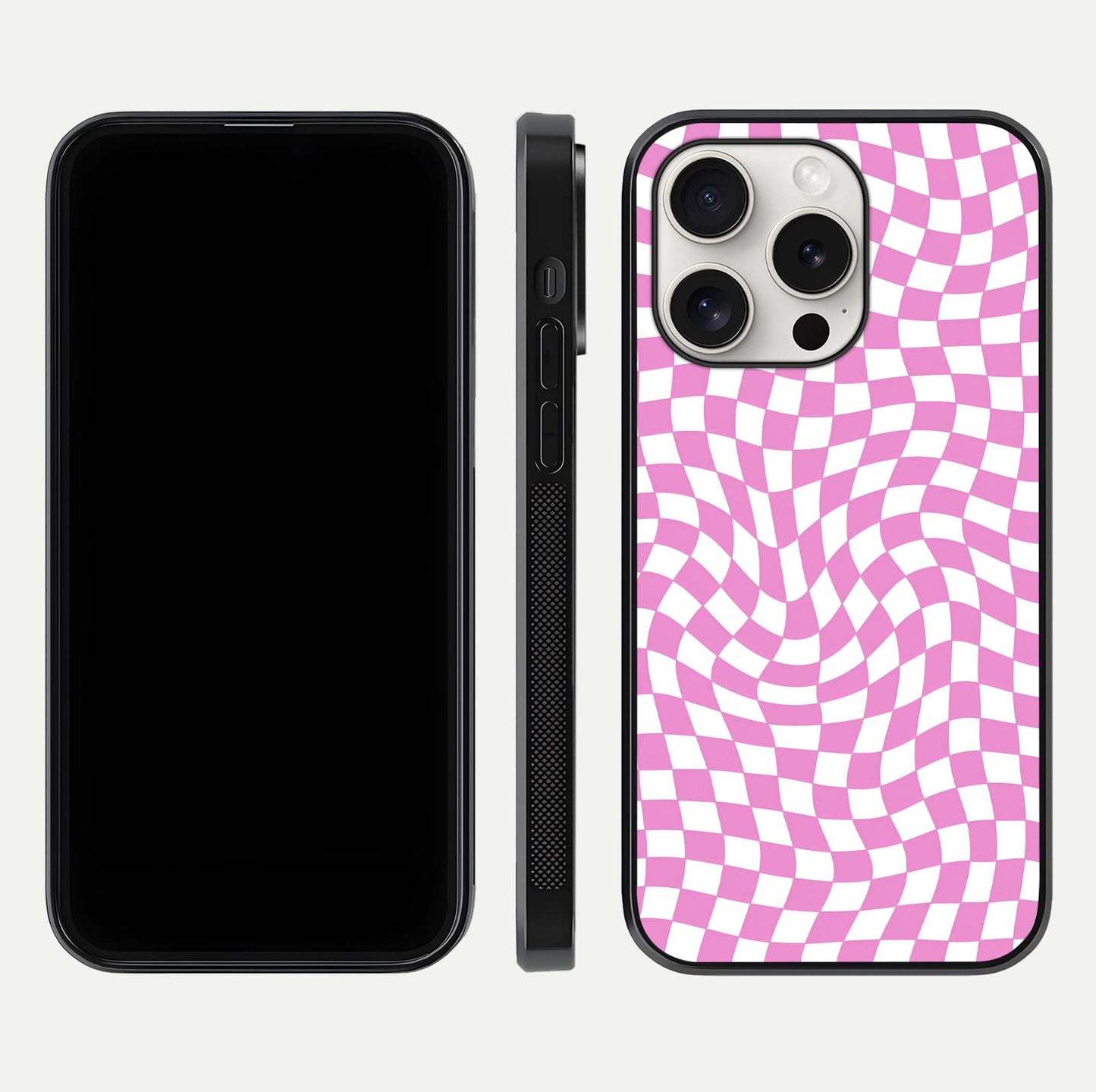 Bubblegum Check Wave iPhone 15 Pro Max glass phone case front and side layout view displaying slim profile and full pattern coverage