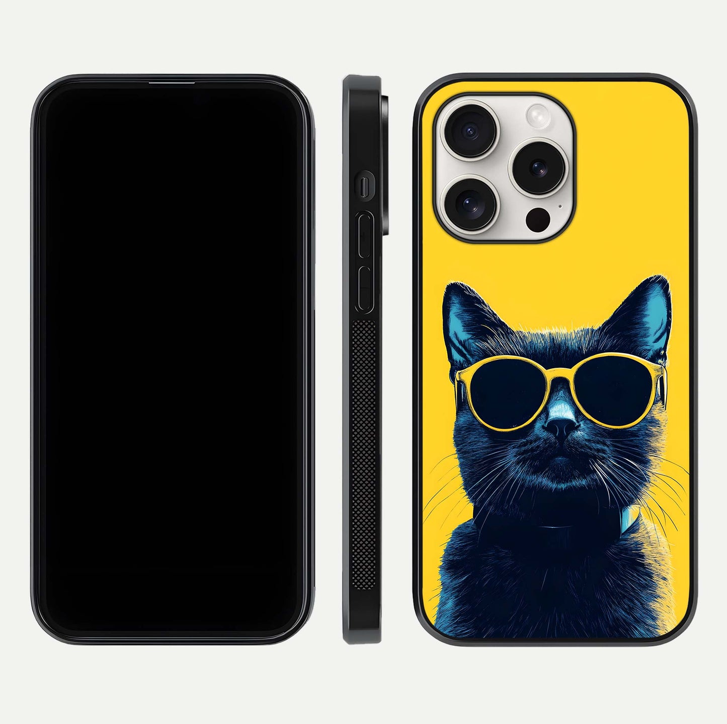 Cool Cat Vibes iPhone 15 Pro Max glass phone case front and side layout view showing slim frame and full design coverage