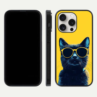 Cool Cat Vibes iPhone 15 Pro Max glass phone case front and side layout view showing slim frame and full design coverage