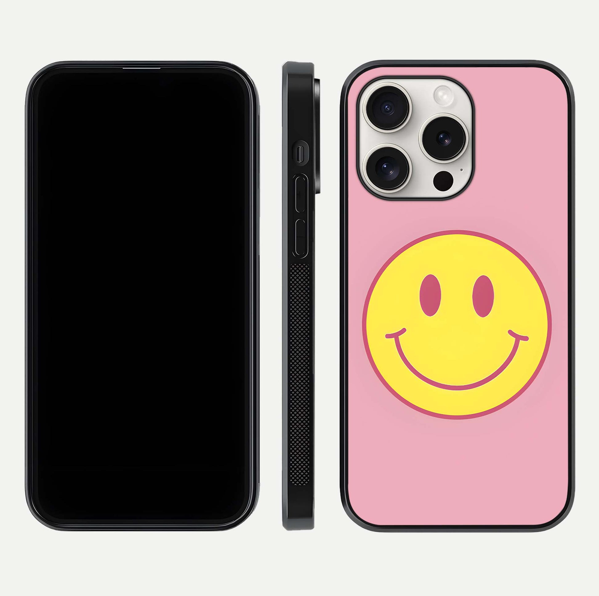 Happy Pink Mood iPhone 15 Pro Max glass phone case front and side layout view showing slim build and full pink coverage