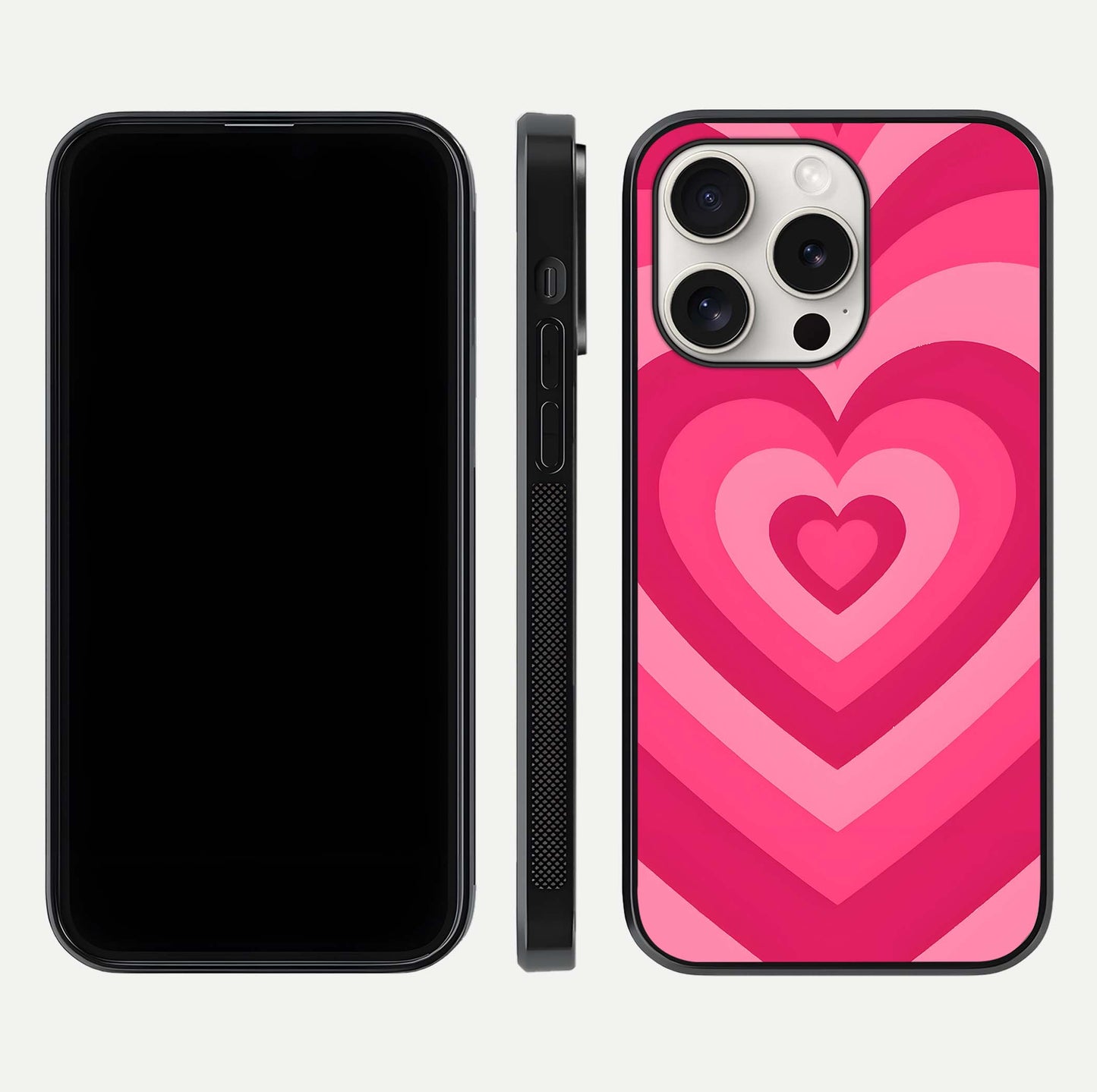 Layered Love Hearts iPhone 15 Pro Max glass phone case front and side layout view displaying slim profile and full heart design