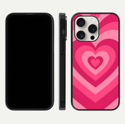 Layered Love Hearts iPhone 15 Pro Max glass phone case front and side layout view displaying slim profile and full heart design