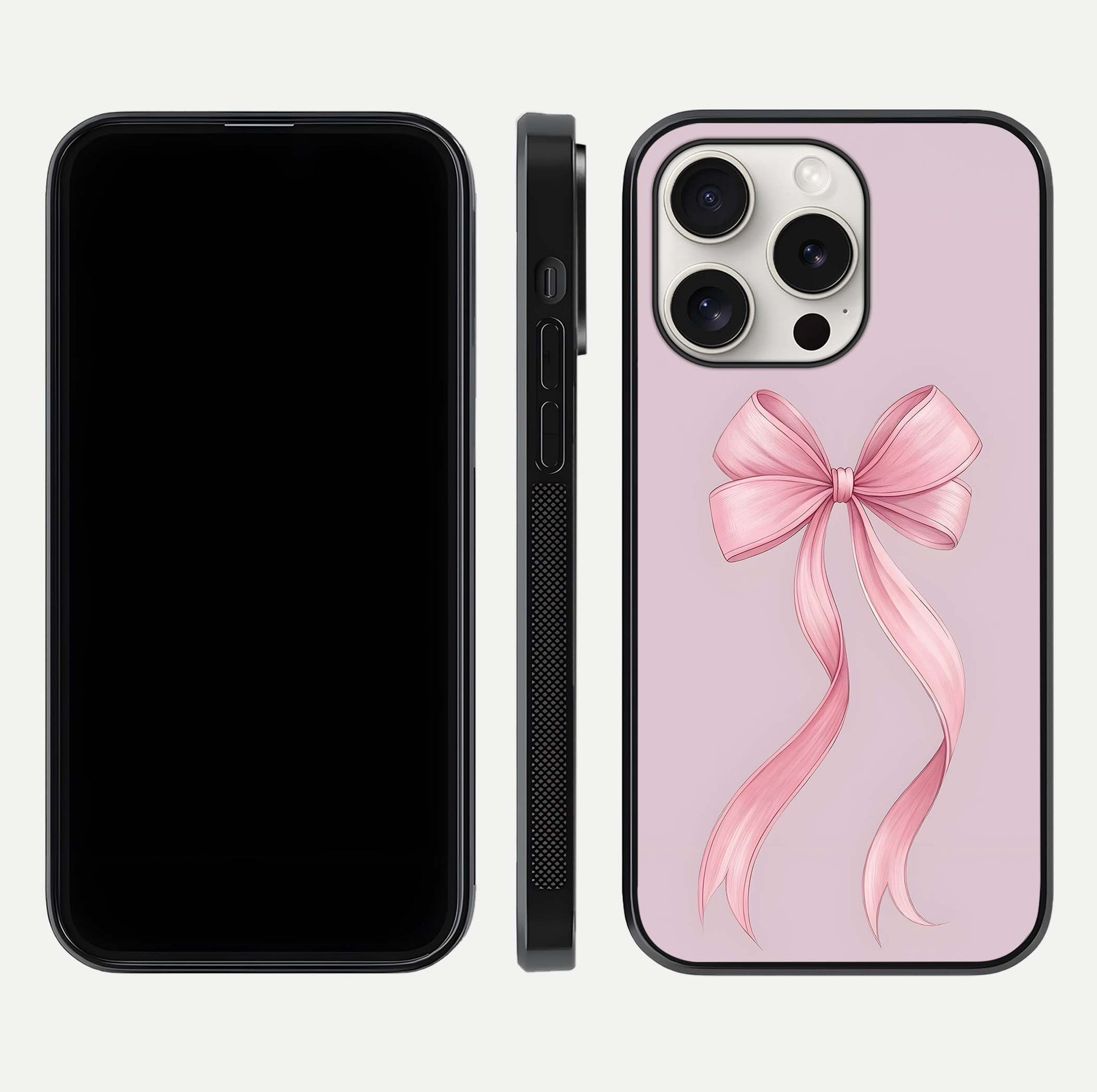 Soft Blush Bow iPhone 15 Pro Max glass phone case front and side layout view displaying slim profile and gentle aesthetic