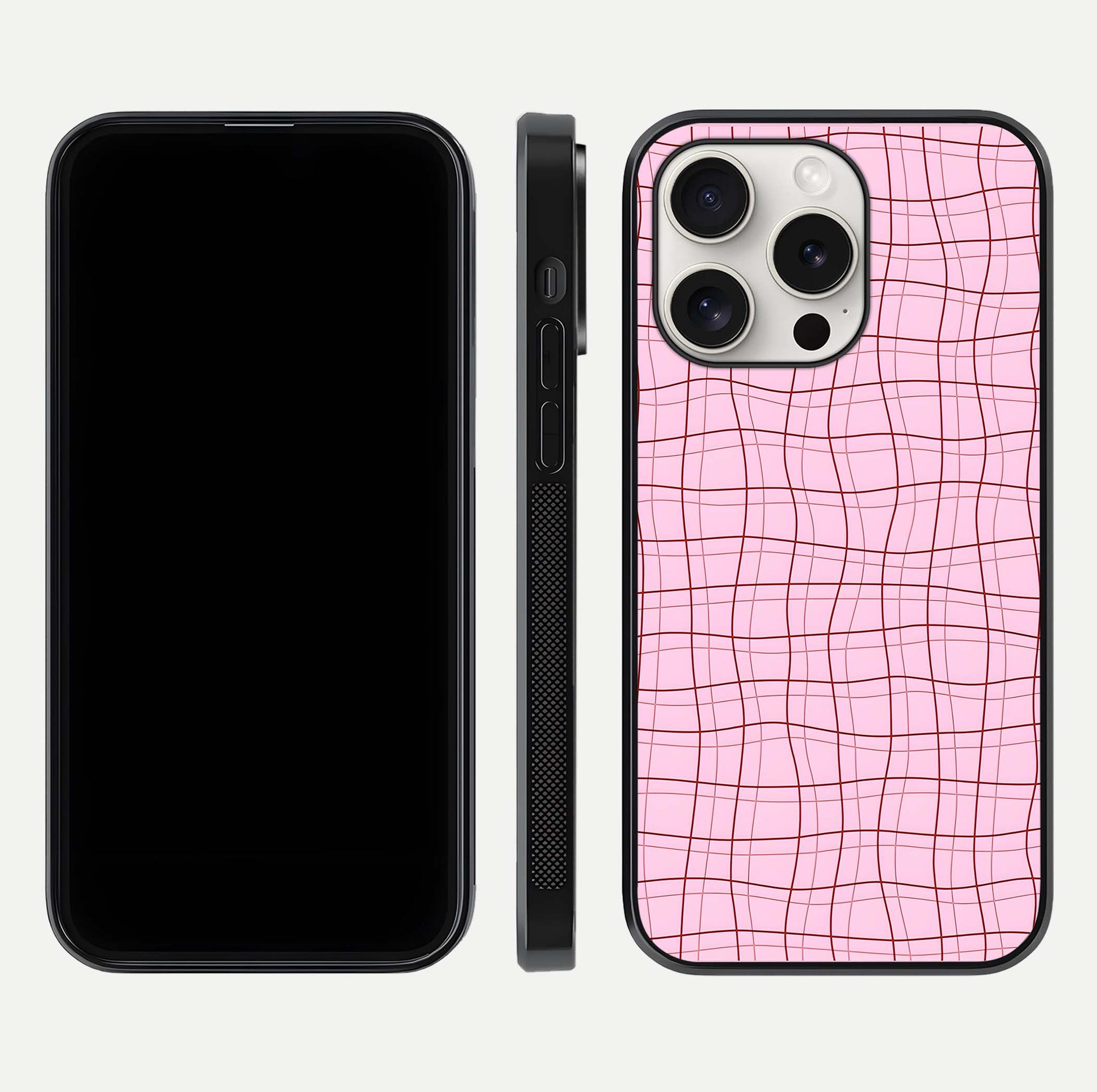 Soft Grid Bliss iPhone 15 Pro Max glass phone case front and side layout view displaying slim profile and clean design