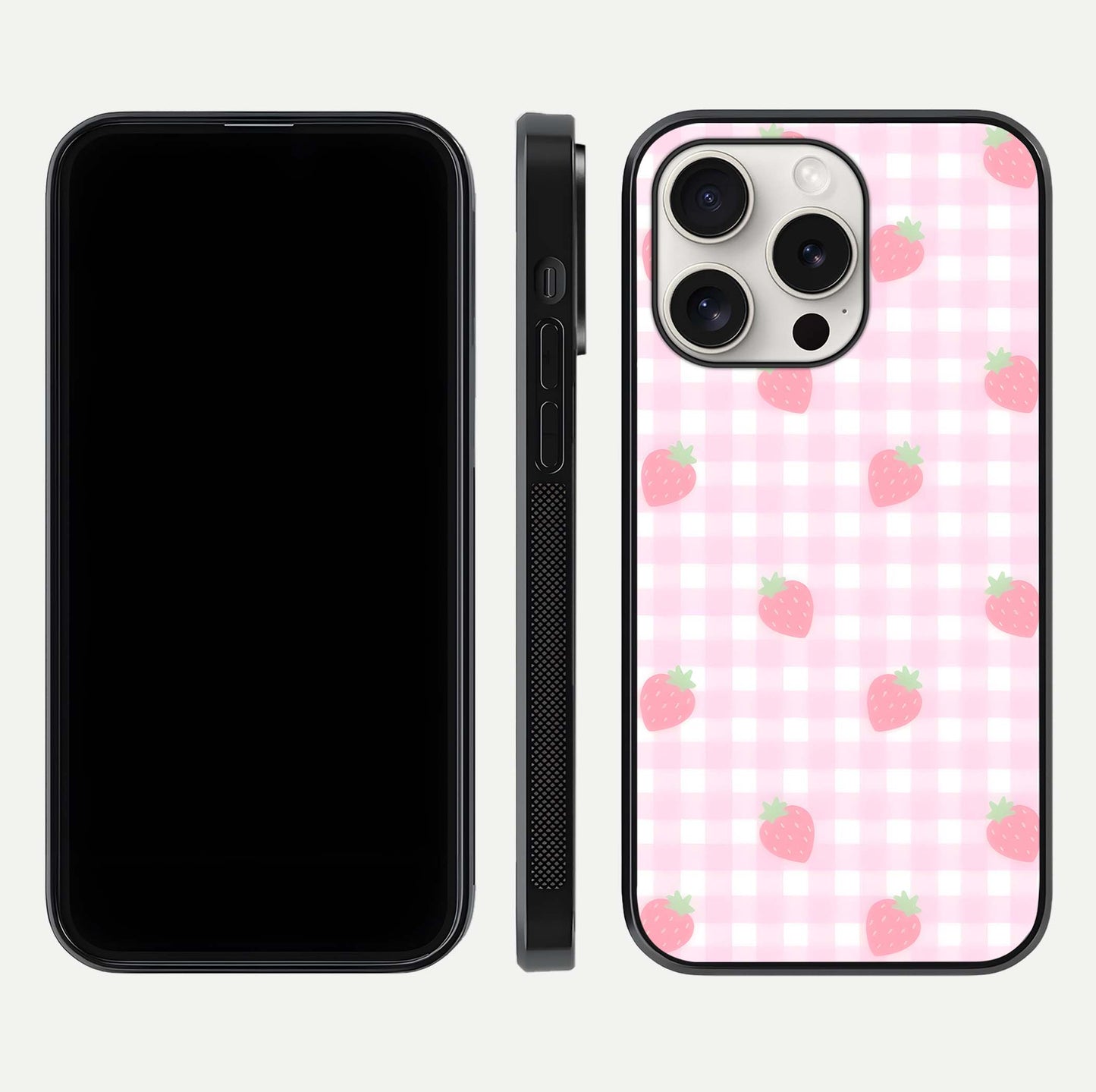 Strawberry Picnic Love iPhone 15 Pro Max glass phone case front and side layout view showing slim profile and full picnic design