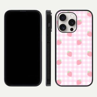 Strawberry Picnic Love iPhone 15 Pro Max glass phone case front and side layout view showing slim profile and full picnic design