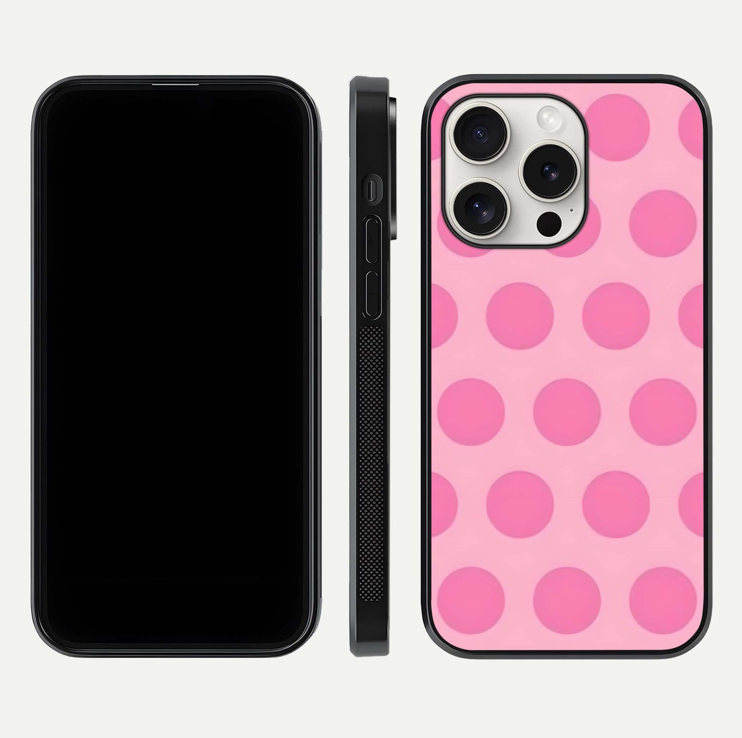 Sweet Dot Dreams iPhone 15 Pro Max glass phone case front and side layout view displaying slim build and full dot design