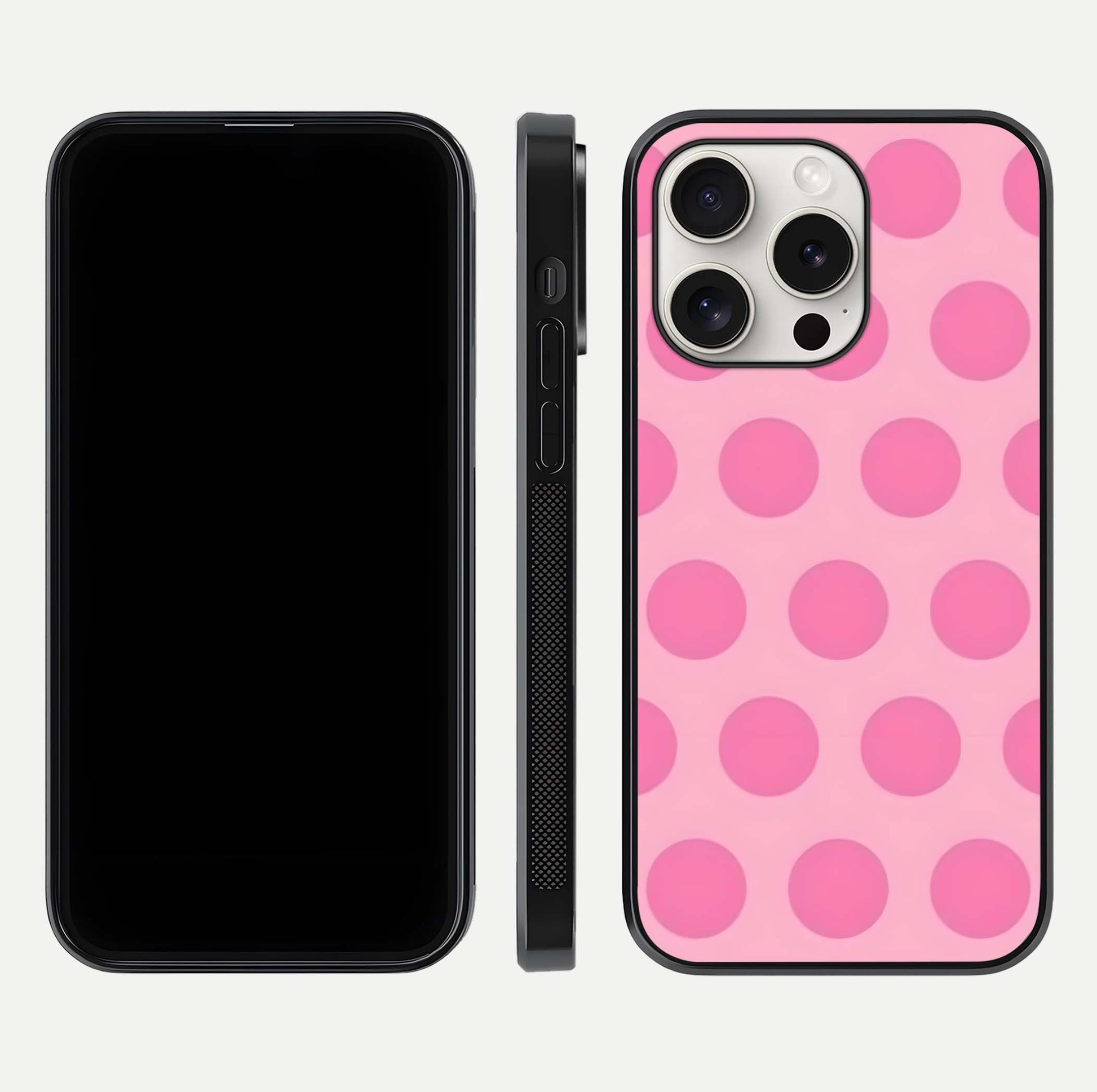Sweet Dot Dreams iPhone 15 Pro Max glass phone case front and side layout view displaying slim build and full dot design
