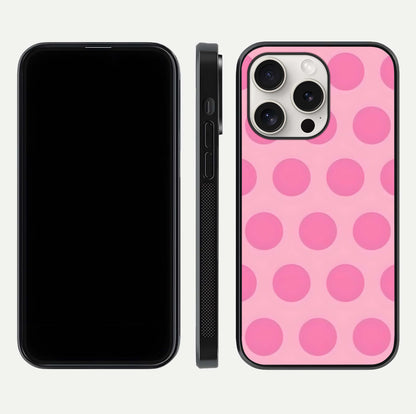 Sweet Dot Dreams iPhone 15 Pro Max glass phone case front and side layout view displaying slim build and full dot design