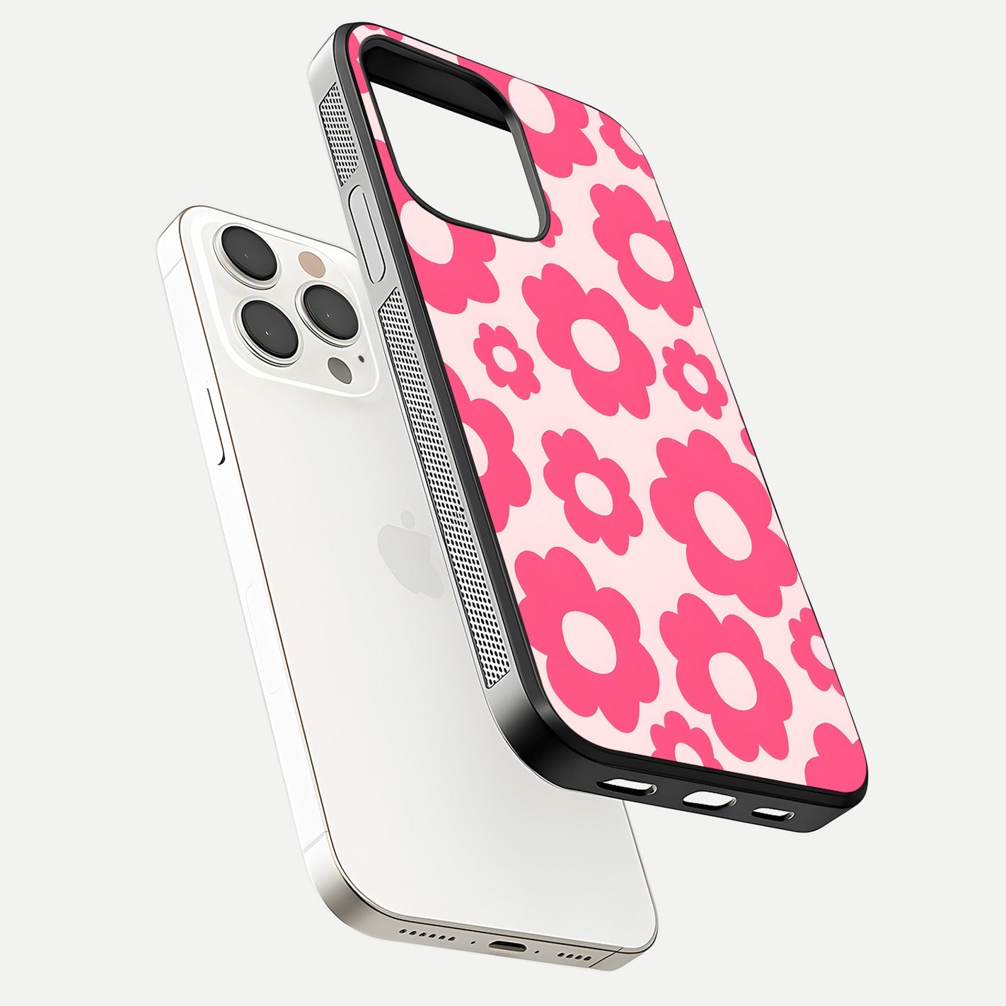 Blush Flower Pop iPhone 15 Pro Max glass phone case floating view emphasizing premium build and vibrant flower artwork