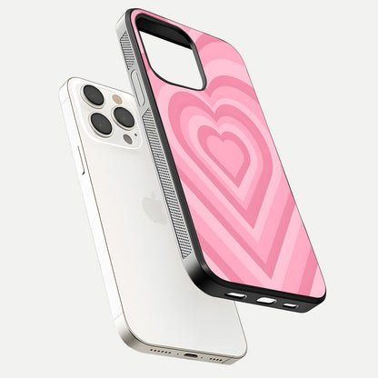 Blush Heart Waves iPhone 15 Pro Max glass phone case floating view emphasizing glossy finish and layered heart design