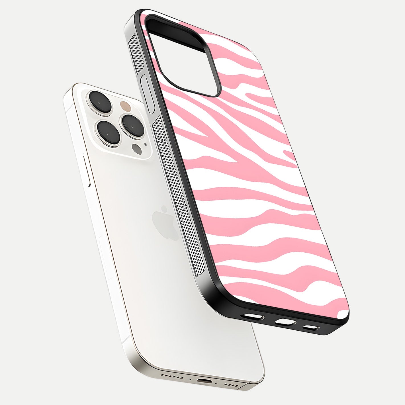 Blush Zebra Flow iPhone 15 Pro Max glass phone case floating view emphasizing premium glossy surface and dynamic design