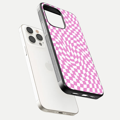 Bubblegum Check Wave iPhone 15 Pro Max glass phone case floating view emphasizing premium glass finish and vibrant design