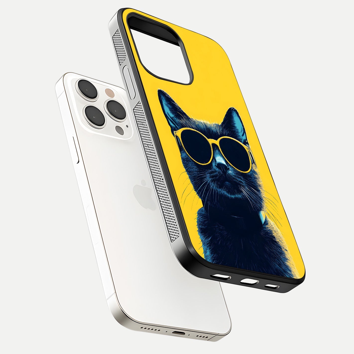 Cool Cat Vibes iPhone 15 Pro Max glass phone case floating view emphasizing glossy finish and fun cat vibe