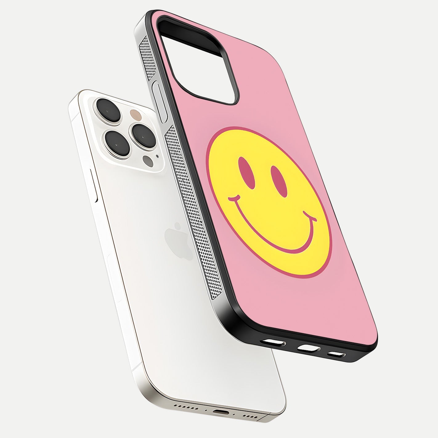Happy Pink Mood iPhone 15 Pro Max glass phone case floating view emphasizing glossy finish and joyful color palette