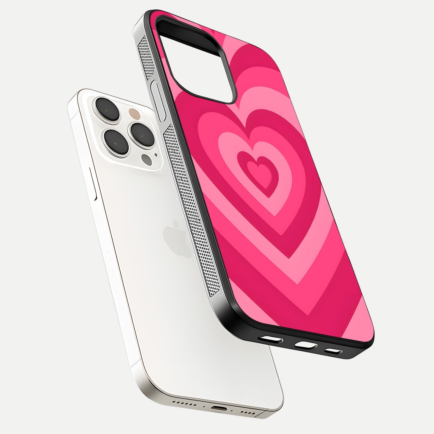 Layered Love Hearts iPhone 15 Pro Max glass phone case floating view emphasizing glossy surface and layered heart details