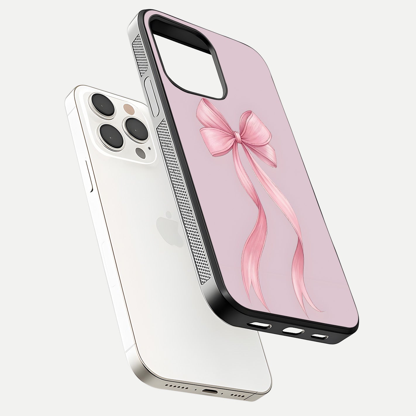 Soft Blush Bow iPhone 15 Pro Max glass phone case floating view emphasizing glossy surface and soft feminine styling