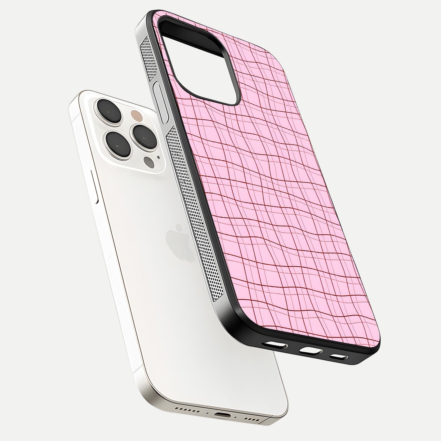 Soft Grid Bliss iPhone 15 Pro Max glass phone case floating view emphasizing glossy surface and minimal styling