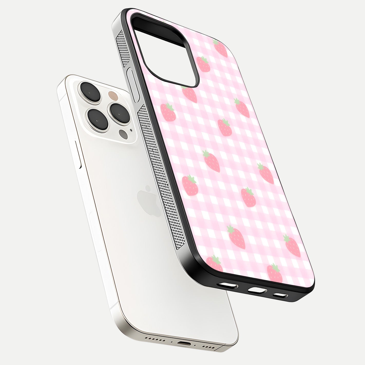 Strawberry Picnic Love iPhone 15 Pro Max glass phone case floating view emphasizing glossy finish and playful charm