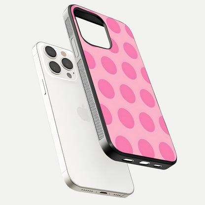 Sweet Dot Dreams iPhone 15 Pro Max glass phone case floating view emphasizing glossy surface and soft playful styling