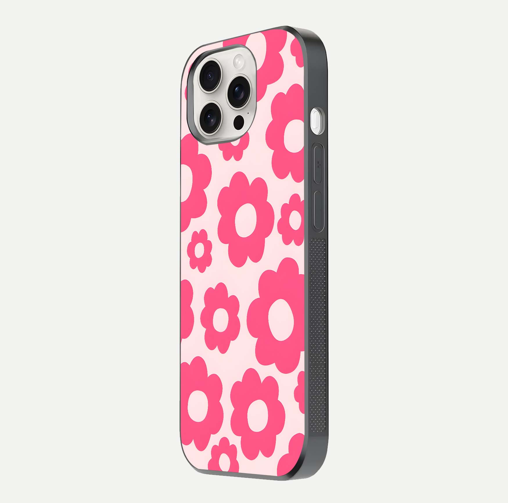Blush Flower Pop iPhone 15 Pro Max glass phone case side profile view focusing on clean edges and seamless floral wrap