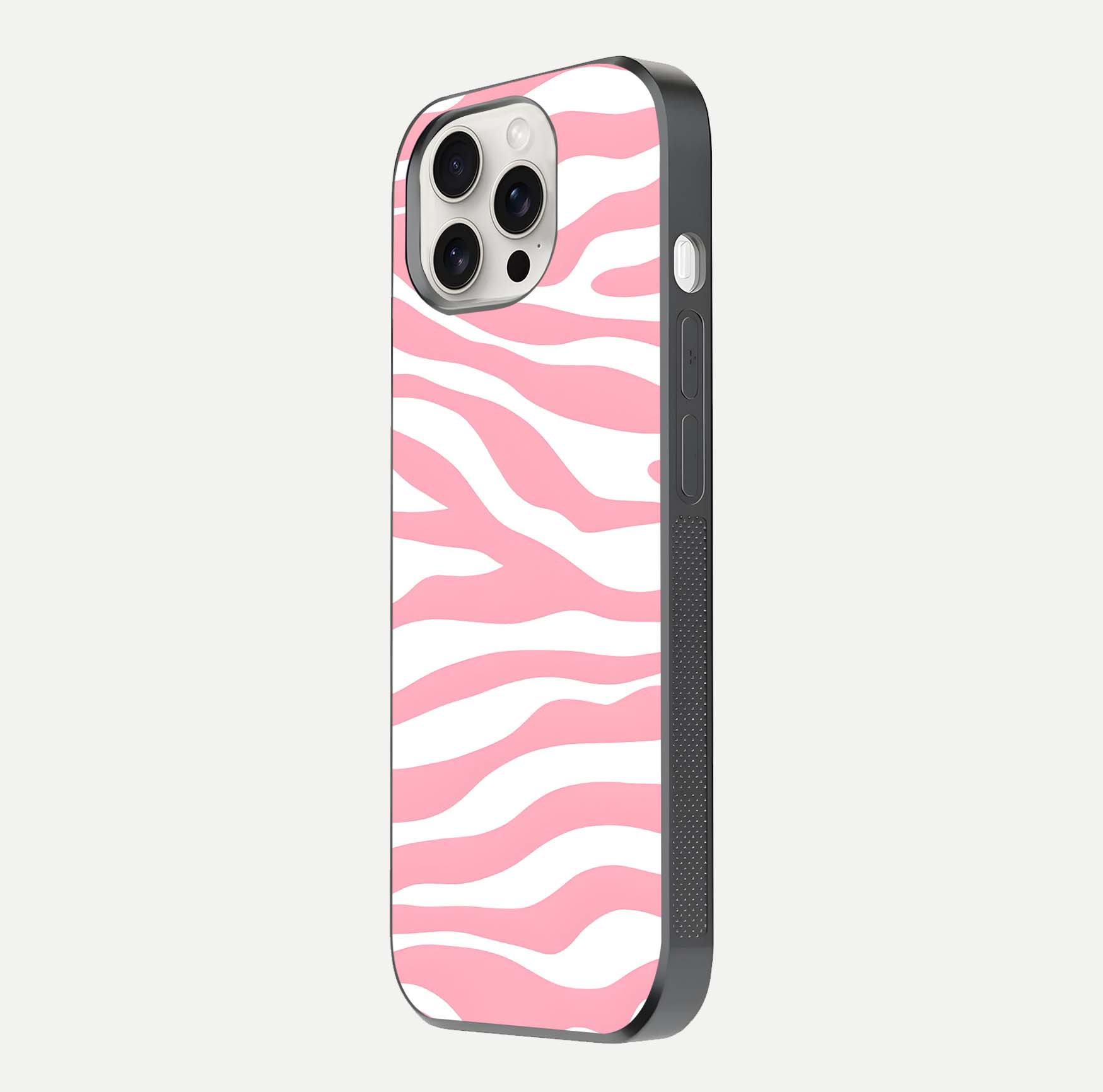 Blush Zebra Flow iPhone 15 Pro Max glass phone case side profile view focusing on sleek frame and seamless wrap