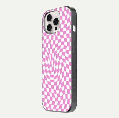 Bubblegum Check Wave iPhone 15 Pro Max glass phone case side profile view focusing on smooth edges and seamless wrap