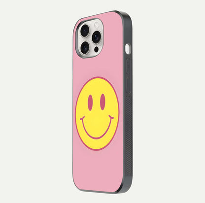 Happy Pink Mood iPhone 15 Pro Max glass phone case side profile view focusing on smooth frame and clean wrap