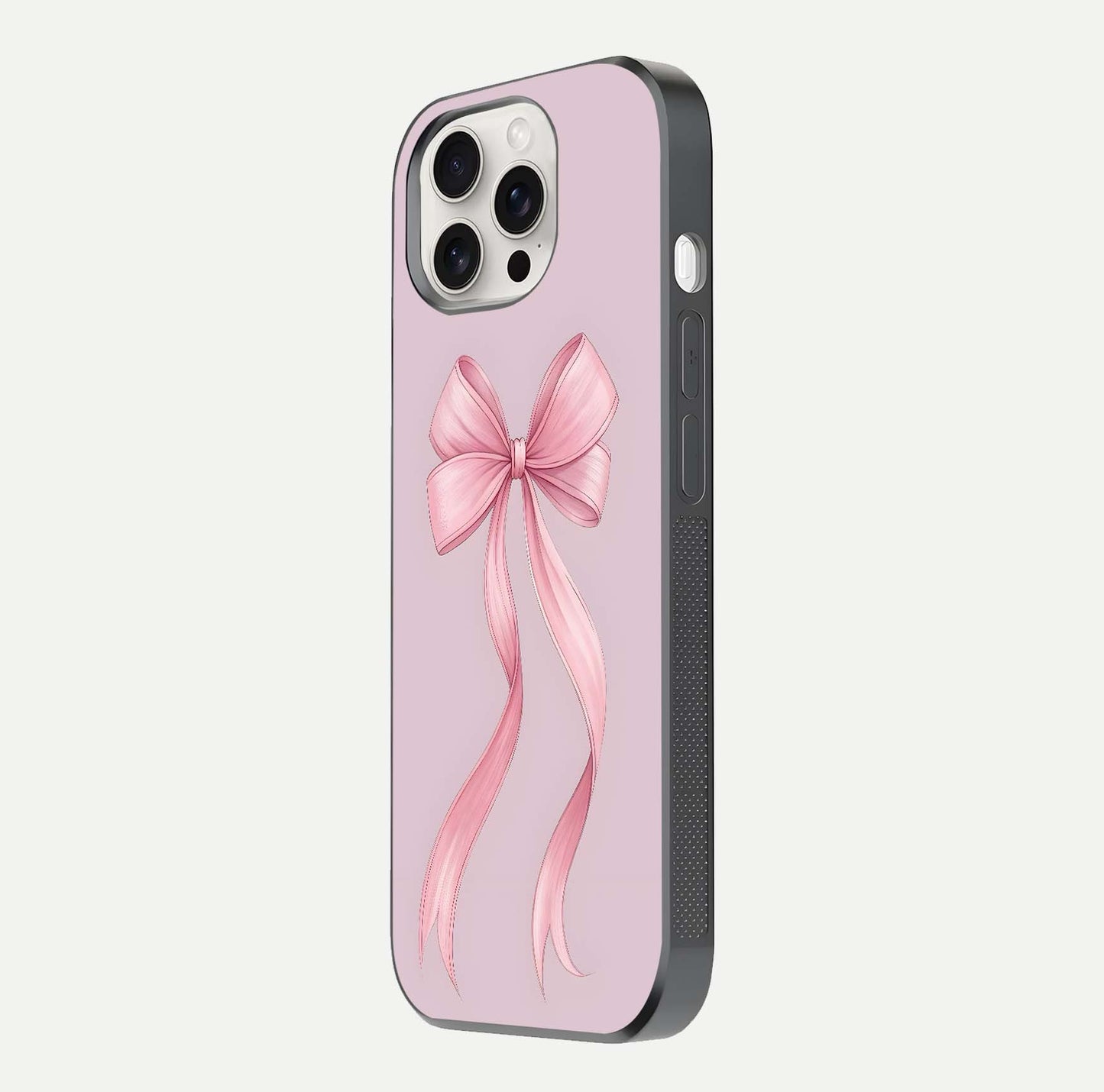 Soft Blush Bow iPhone 15 Pro Max glass phone case side profile view focusing on sleek edges and seamless wrap