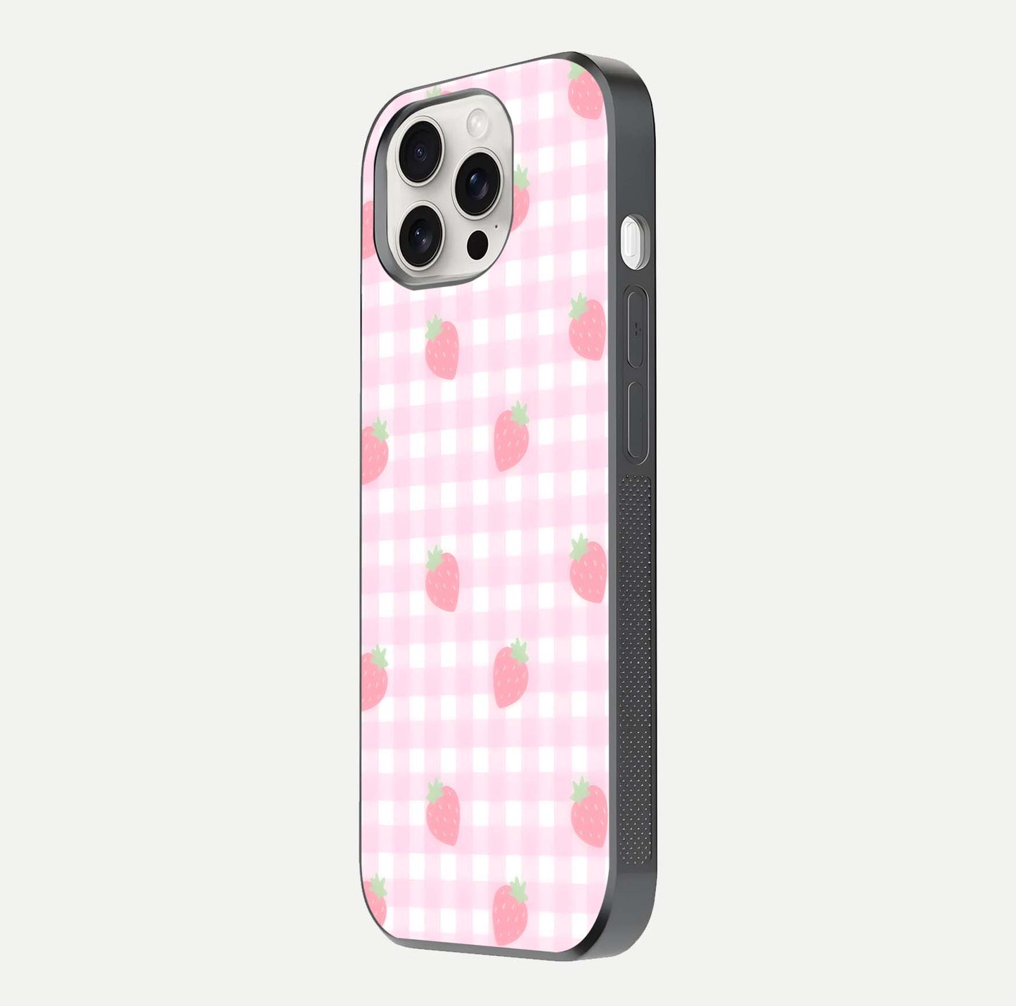 Strawberry Picnic Love iPhone 15 Pro Max glass phone case side profile view focusing on smooth frame and seamless wrap