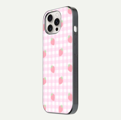 Strawberry Picnic Love iPhone 15 Pro Max glass phone case side profile view focusing on smooth frame and seamless wrap