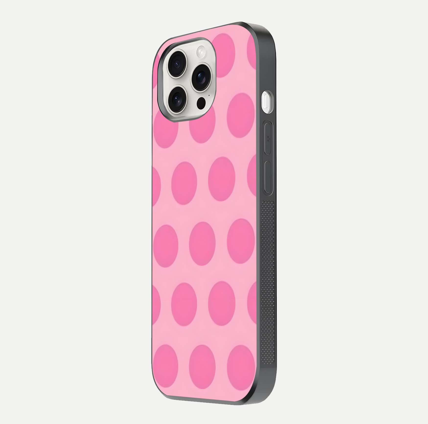 Sweet Dot Dreams iPhone 15 Pro Max glass phone case side profile view focusing on sleek edges and seamless wrap