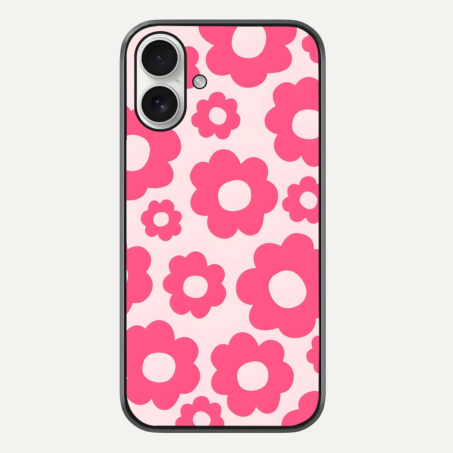 Blush Flower Pop iPhone 17 glass phone case front view featuring playful blush floral artwork with glossy finish