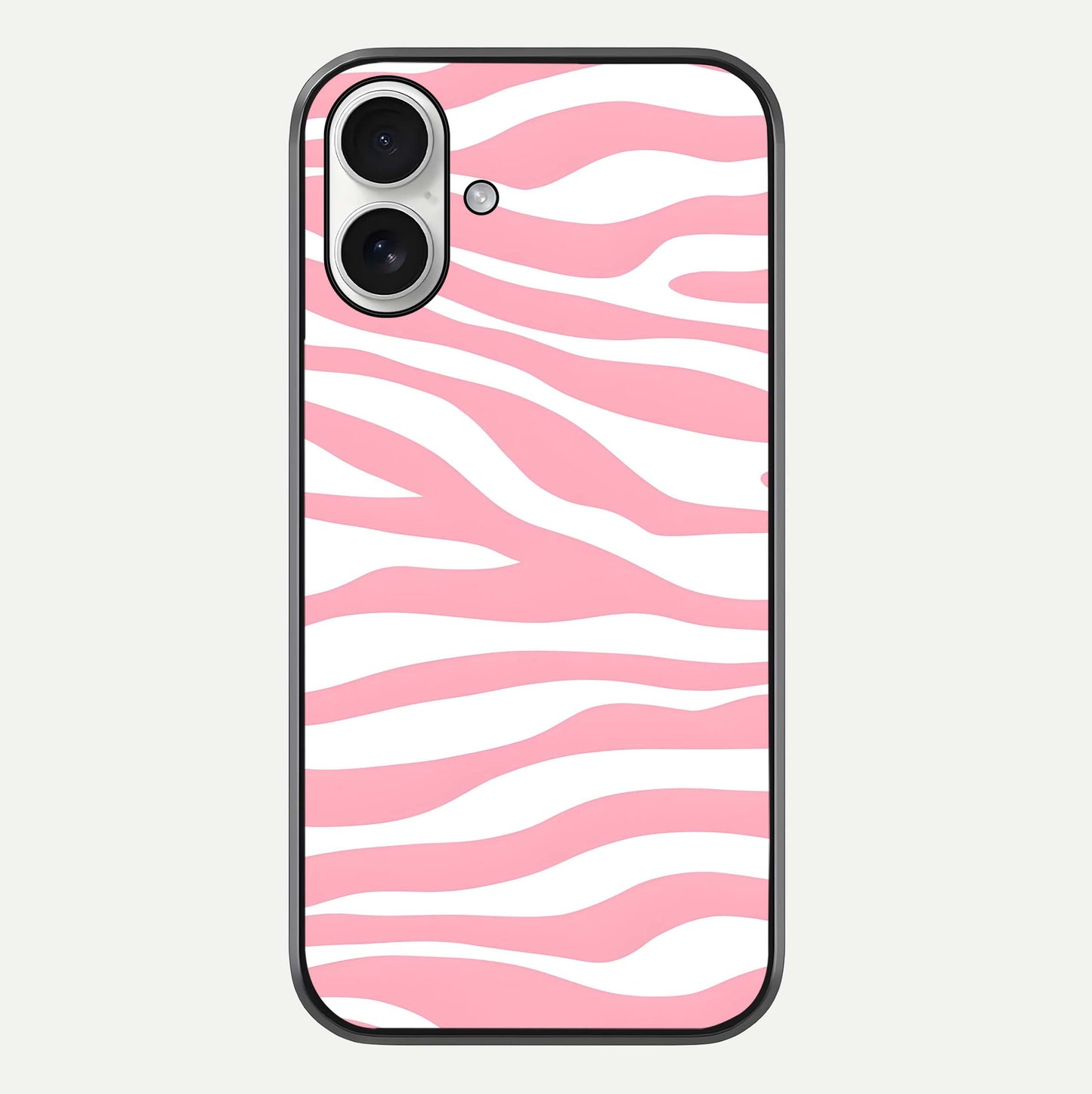 Blush Zebra Flow iPhone 17 glass phone case front view featuring modern zebra flow pattern in blush tones