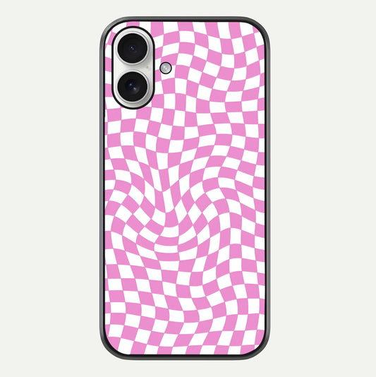 Bubblegum Check Wave iPhone 17 glass phone case front view showcasing playful bubblegum check wave pattern with glossy finish