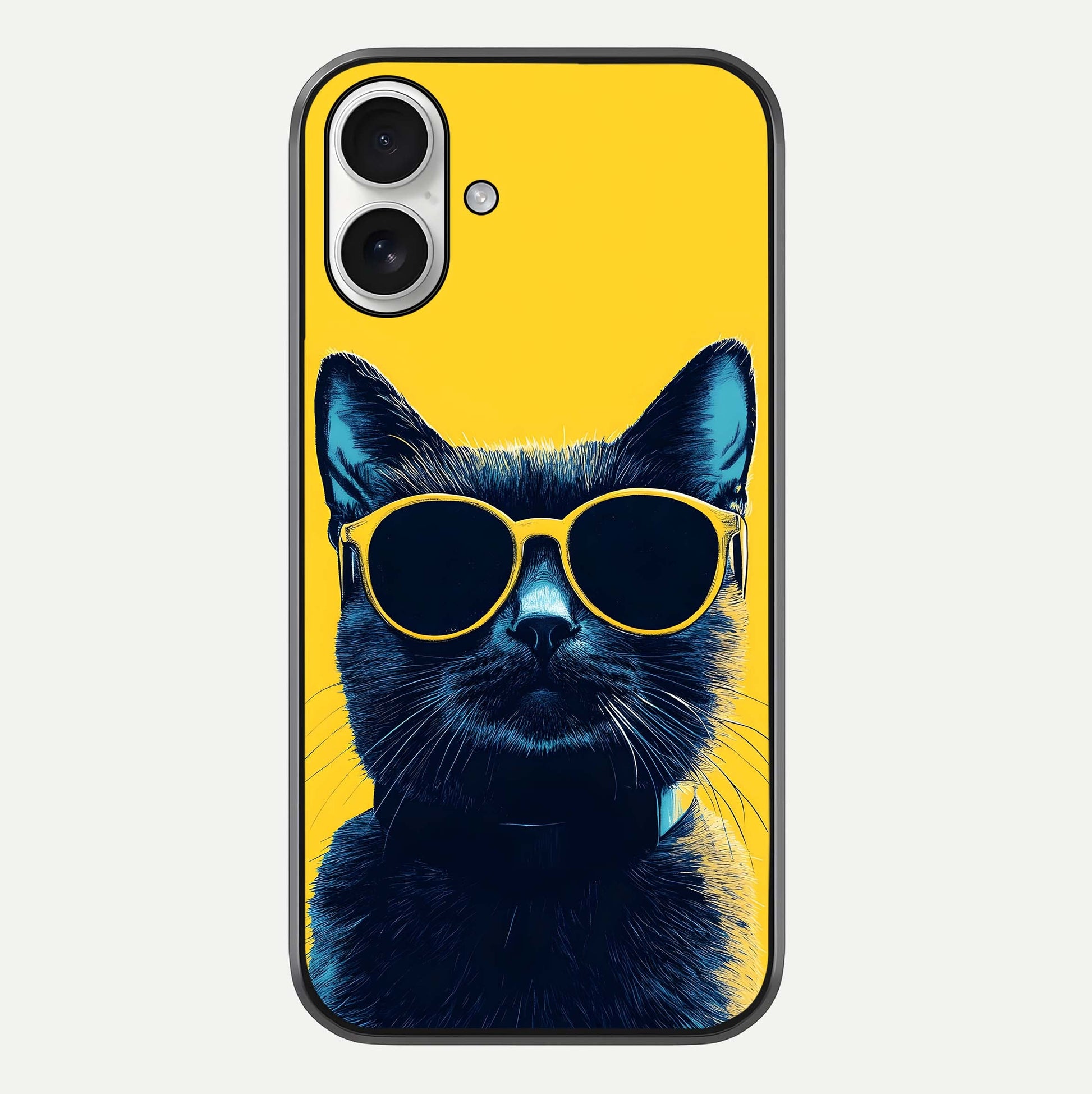 Cool Cat Vibes iPhone 17 glass phone case front view featuring playful cat illustration with cool aesthetic tones