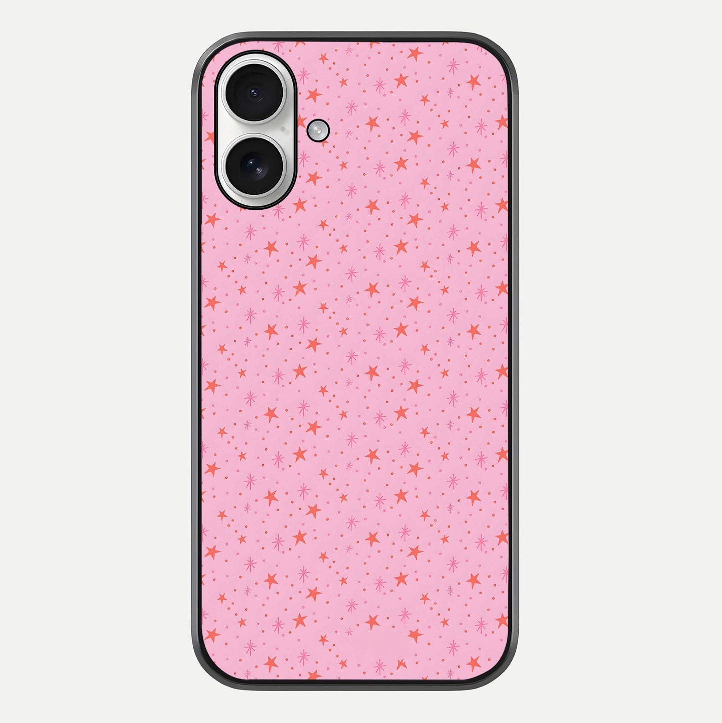 Cosmic Pink Sparkle iPhone 17 glass phone case front view showcasing shimmering pink cosmic artwork with glossy finish