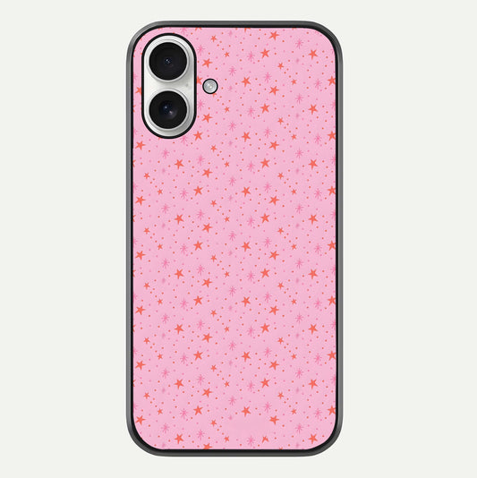Cosmic Pink Sparkle iPhone 17 glass phone case front view showcasing shimmering pink cosmic artwork with glossy finish