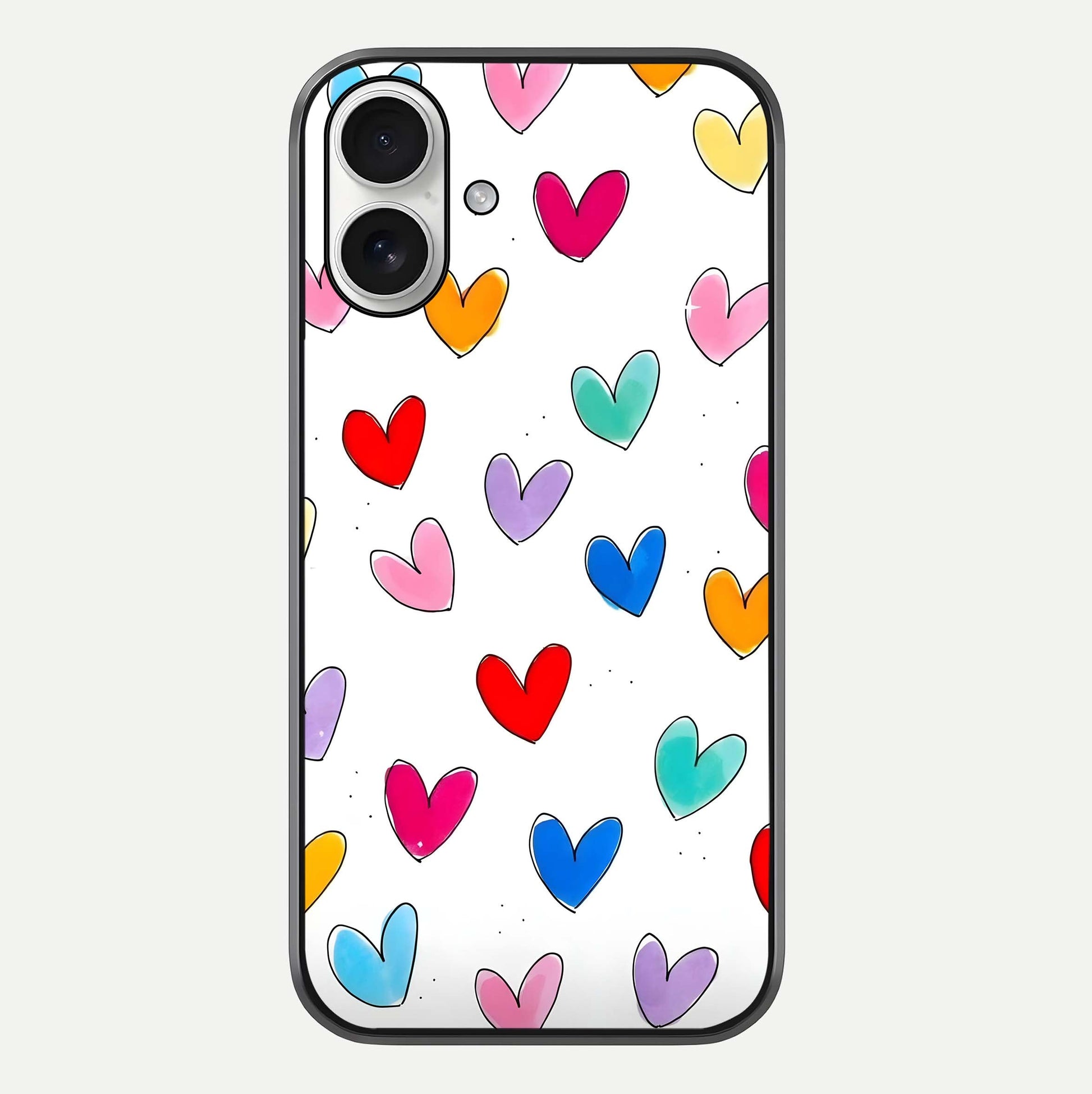 Playful Love Doodles iPhone 17 glass phone case front view featuring cute love doodle illustrations with fun vibe